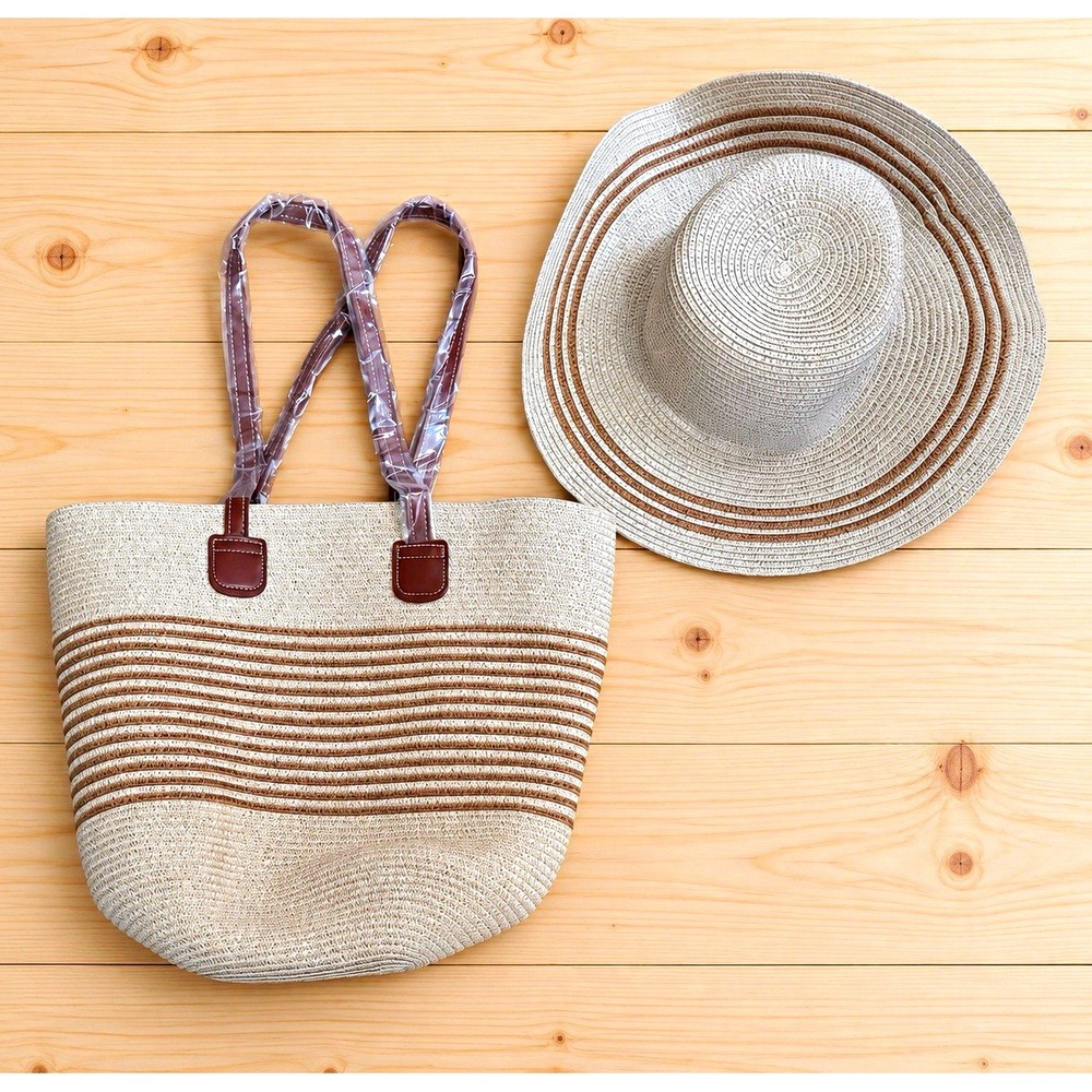 Beige/Brown Striped Tote Shoulder Bag Zip Closure w/ Pouch & Inner Pockets[O]